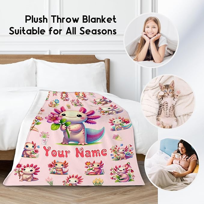 Girls Blankets Gifts Custom Axolotl Blanket for Toddlers Kids Granddaughter, 30"x40" Personalized Cute Flannel Throw Gifts for Sofa Couch