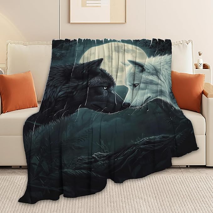 Wolf Blanket Black White Wolf Throw Blanket Wolf Gifts for Men Women Boys Girls Kids Adults Super Soft Cozy Plush Fluffy Fuzzy Fleece Blanket Home Decor 60''X80''