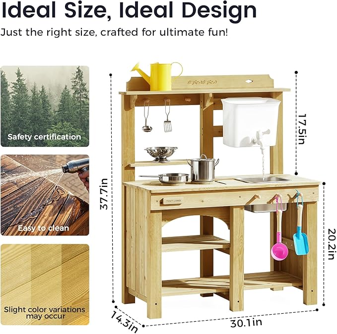 Tiny Land Outdoor Mud Kitchen for Kids, Wooden Play Kitchen with Water Tank, Water Play, Cooking, & Sensory Fun, Durable & Weather-Resistant Design with Storage, Gift for Ages 3+
