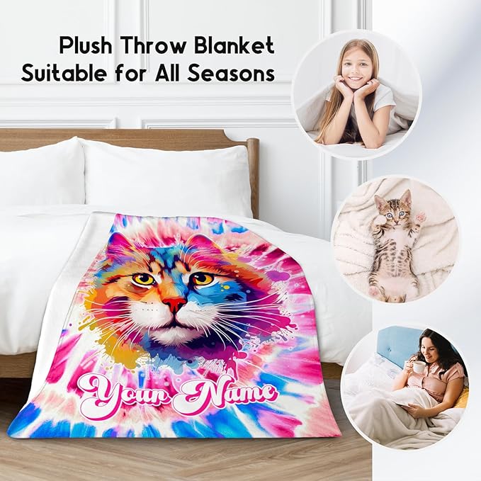 UNIKITTY Girls Blanket, Cat Blanket Gifts for Girls Toddlers, Personalized Rainbow Throw, Custom Flannel Kids Throws with Cat On It (4 Sizes)