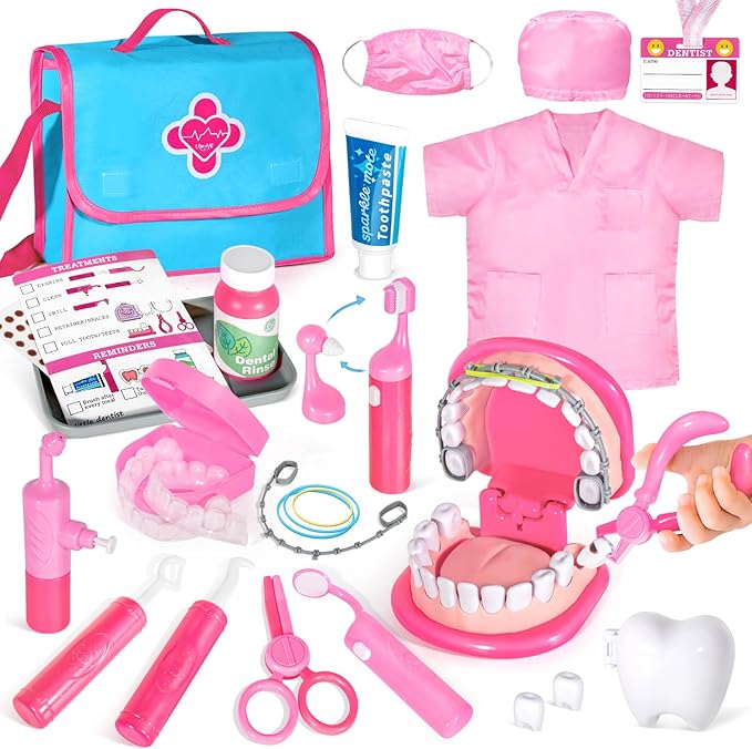 ULOVEME Pink Doctor Kit for Toddlers 3-5 with Costume - Dentist Kit for Kids with Teeth Model /Removable Teeth /Braces /Retainer - Toys for 4 Year Old Girls - Preschool Dramatic Play (Pink)