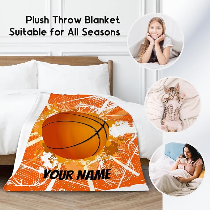 Personalized Basketball Blanket for Girls, Custom Basketball Gifts with Name for Girls, Sport Throw Blankets for Team, Kids Throws for Living Room (60x80 Inch)