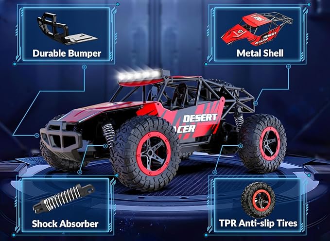 RACENT Remote Control Cars for Boys - 1:16 Scale 20kph Fast RC Truck All Terrain Off-Road Monster Truck Toy for Kids & Adults with 2 Rechargeable Batteries (Red)