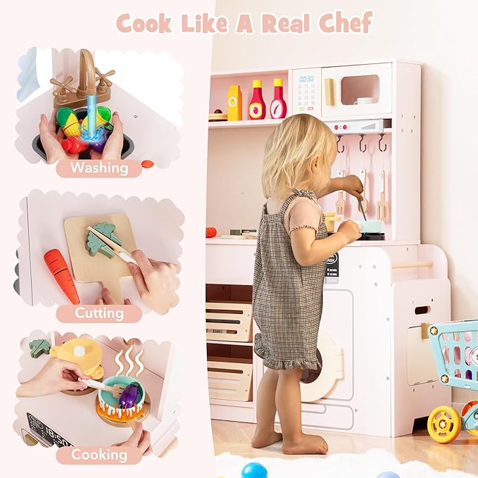 Costzon Corner Kitchen Playset, Kitchen Toy Set w/Real Lights & Sounds, Large Fridge, Ice Maker, Oven, Microwave, Washer, Trash Can & 22 Accessories, Wooden Pretend Play Kitchen for Kids 3+ (Pink)