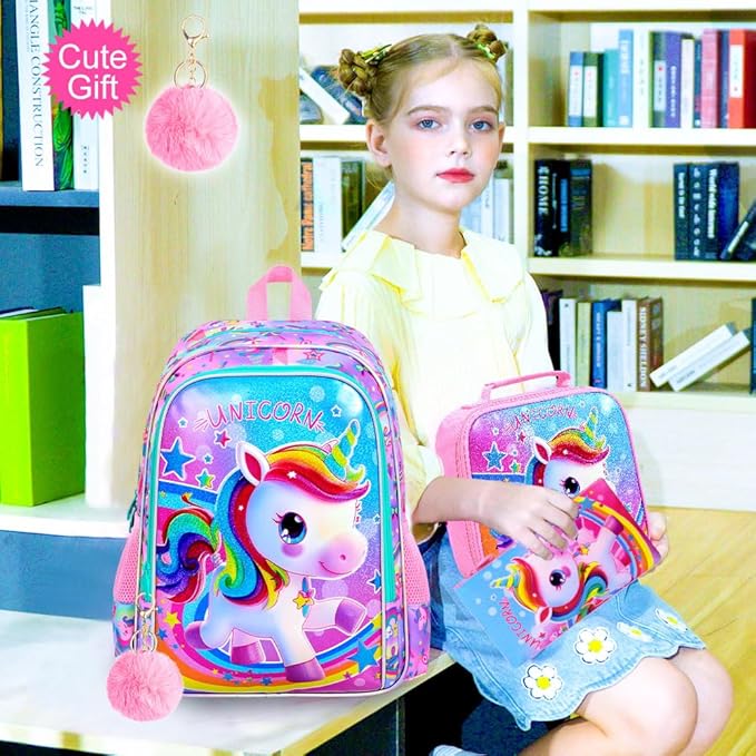CCJPX 3PCS Kids Backpack for Girls, 16”Unicorn Preschool Bookbag Set, Cute Water Resistant School Bag for Elementary Kindergarten Toddler