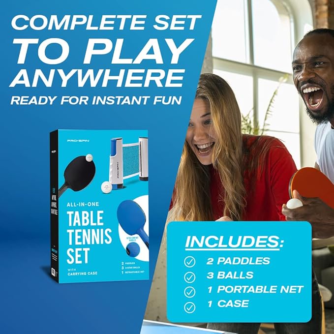 PRO-SPIN Portable Ping Pong Set with Retractable Ping Pong Net for Any Table, All-in-One Table Tennis Set with Ping Pong Paddles, Balls & Case, Table Top Family Game