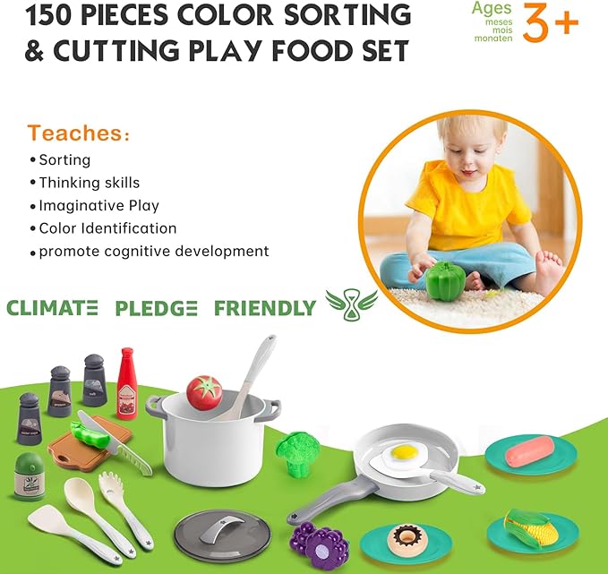 150Pcs Kitchen Playset, Toddlers Pretend Cooking Cookware Accessories, Food, Picnic Blanket, Fruits, Veges, 2Pack Shopping Storage Basket, Dessert and Prop Money, Gift for Kids (White)