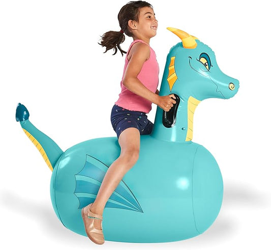Hearthsong Hop N Go Inflatable Blue Dragon Bouncy Riding, Hopping Toys for Kids Ages 5+ - Ride On Bouncer Animal Hopper Jumping Toys for Outdoor Games