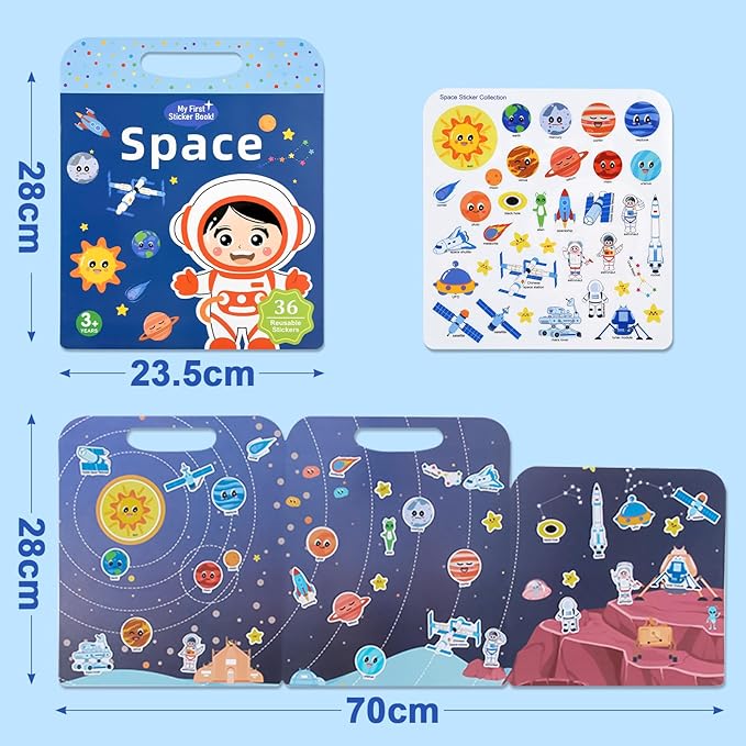 ASTARON 5 Pack Reusable 3D Puffy Sticker Books for Kids 3-6, Jelly Sticker Game Educational Sensory Learning Toy, Travel Toys and Busy Book(Vehicle Dino Animal Ocean Space)