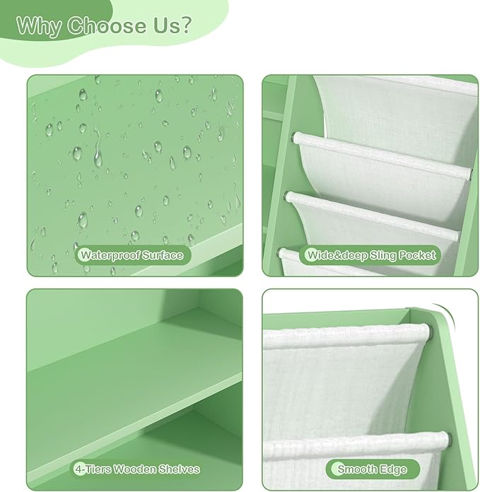 Kids Bookshelf Toddler Bookcase Children Book Rack Baby Toy Storage Organizer Child Book Display Shelf 4-Tier 5 Layer Sling Cabinet Chest Playroom Bedroom Classroom Library Green