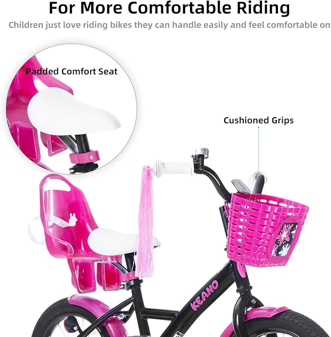 KEANO Zinnia 14 16 20 Inch Kids Bike for Girls Ages 3-10 Years, Girls' Bikes with Training Wheels, Streamers, Basket and Doll Seat, Children Bicycles