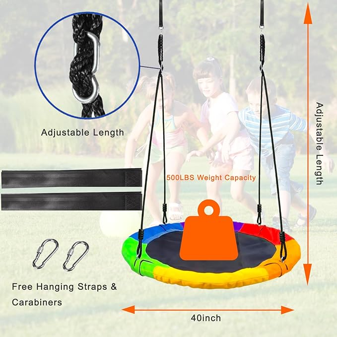 40" Saucer Tree Swing for Kids - 500Lb Weight Capacity, Waterproof Platform Swing Seat with Adjustable Ropes for Kids Playground Outdoor Activity Backyard Fun (Colours)