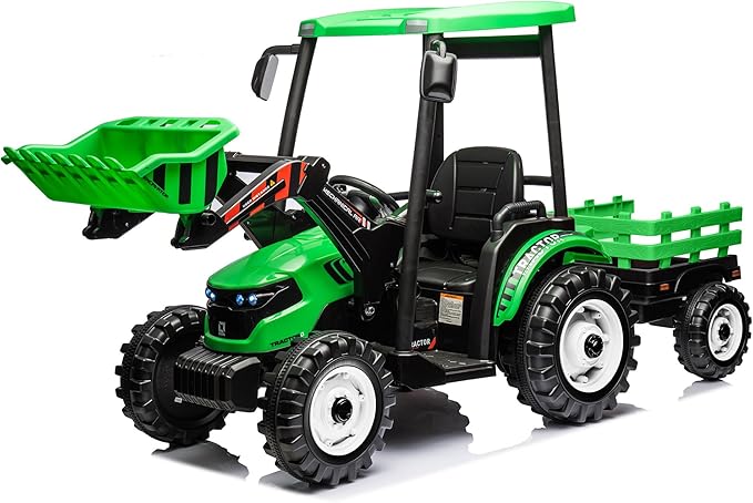 Kidsera 24V Kids Ride on Tractor with Trailer & Front Loader, 3 In1 Tractor 4-Gearbox 24volt Dual Motors Metal Frame, 24V Ride on Toys for Big Kids, Power Wheels Kids Electric Vehicles (Green)