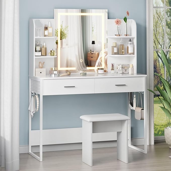 Vyre Metal Vanity Desk with Hooks, White Makeup Table with Mirror and Light, Adjustable Brightness, 2 Large Drawers, 6 Open Shelves, Vanity Set with Chair for Bedroom, Girls