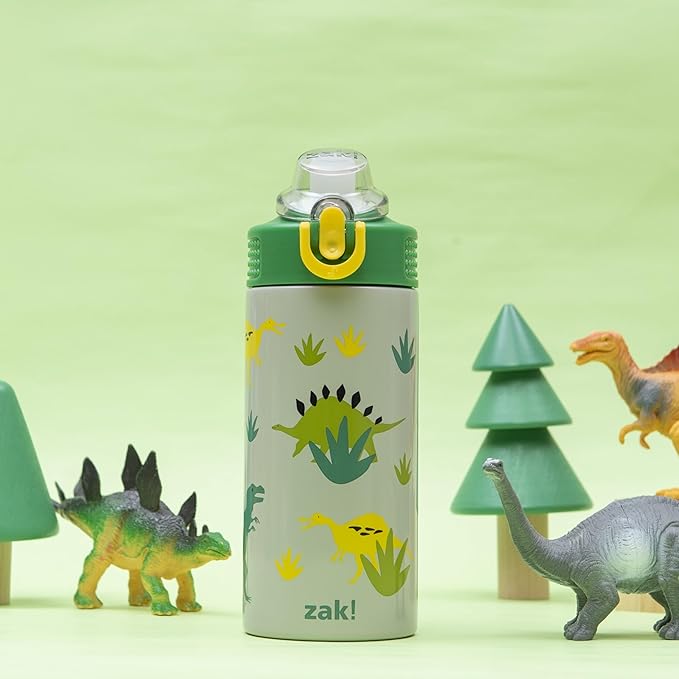Zak Designs Sage Kids Water Bottle For School, Travel or At Home, 14oz Stainless Steel Water Bottle With Straw, Handle, and Leak-Proof, Pop-Up Spout Cover (Dino)