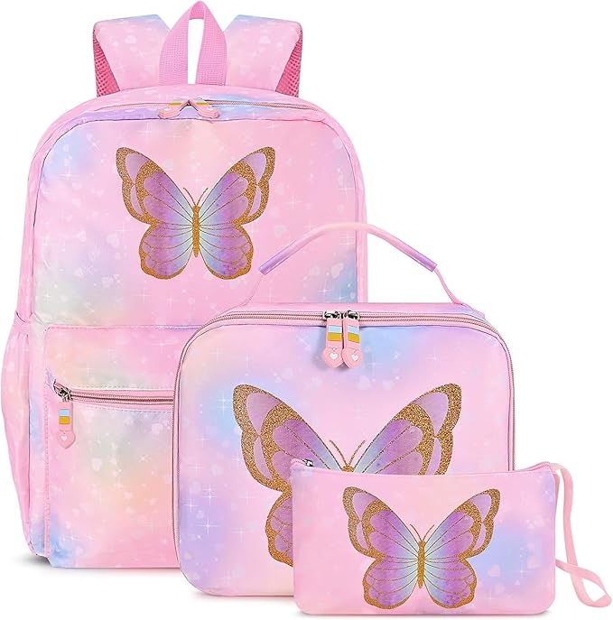 Cokouchyi 3 Pcs Kids Backpack Set with Lunch Box & Pencil Case, Lightweight Preschool Backpack for Girls Age 3-8, Kids Book bag Elementary, Butterfly