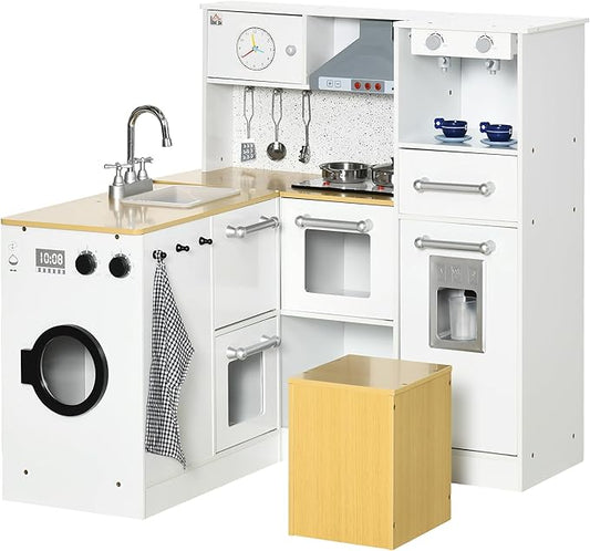 Qaba Kids Wooden Kitchen Playset with Sound Effects and Tons of Countertop Space, Wooden Corner Play Kitchen Set with Washing Machine, Imaginative Toy Pretend Restaurant, Ages 3-6, White