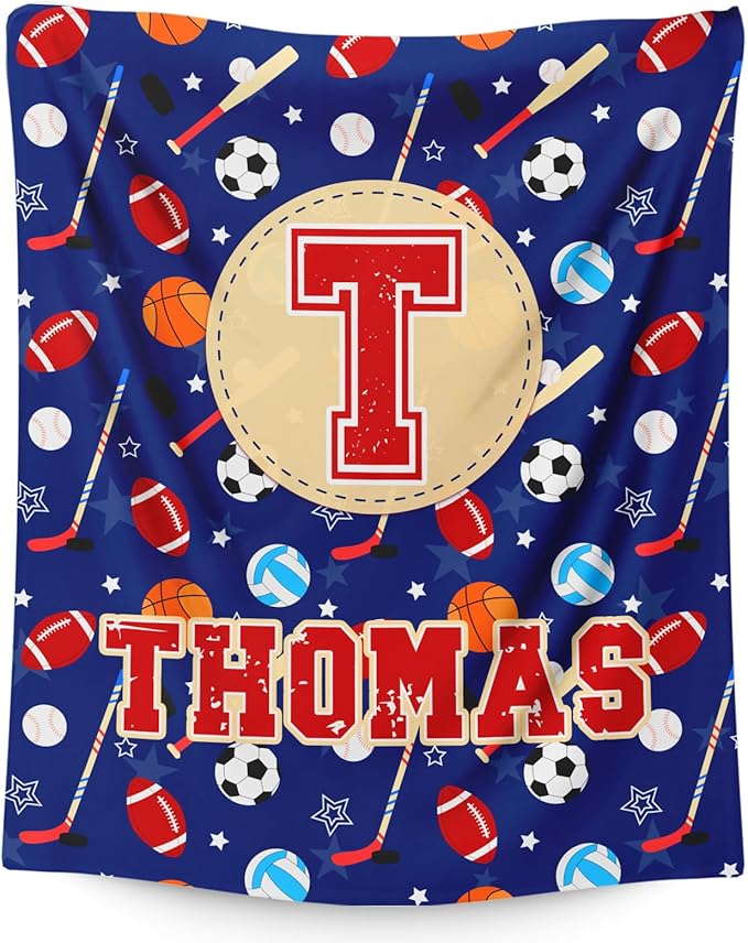Sport Blanket Gifts for Kids Toddler Teens Sports Lovers, Personalized Throw Blanket with Name Initial Letter for Boys, Custom Soft Fuzzy Blankets for Bed Couch Sofa Decor