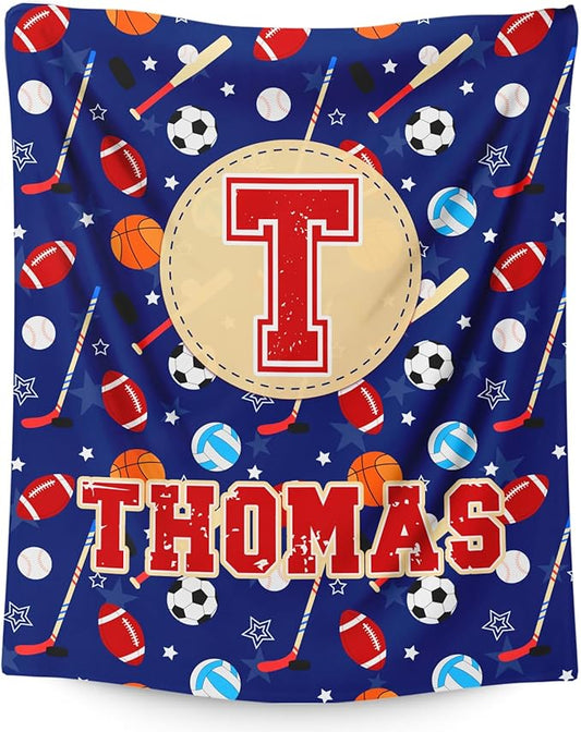 Sport Blanket Gifts for Kids Toddler Teens Sports Lovers, Personalized Throw Blanket with Name Initial Letter for Boys, Custom Soft Fuzzy Blankets for Bed Couch Sofa Decor