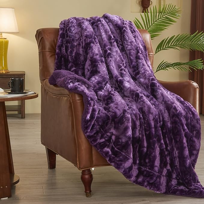NEWCOSPLAY Super Soft Faux Fur Throw Blanket for Couch Dark Purple Fuzzy Plush Warm Blanket for Sofa Bed (Dark Purple, Throw(50"x60"))