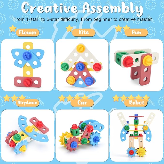 REXBETI Kids Tool Set, Wooden Toddler Tool Set with Apron, Toddler Tool Bench, Educational Montessori Toys for 3 Year Old Boys, Pretend Construction Kits, Birthday Gifts for 3 4 5 Year Old Boy Girl