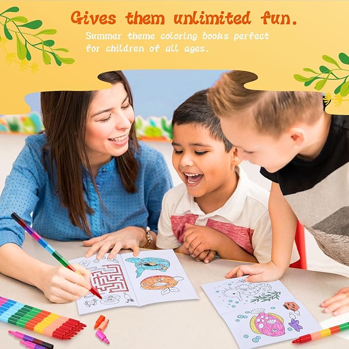 BenLouis 12 Summer Mini Coloring Books Kids with 12 Stacking Crayons Pool Beach Party Favors Small Activity Books Bulk for Kids Summer Birthday Party Gift Goodie Bag Stuffers