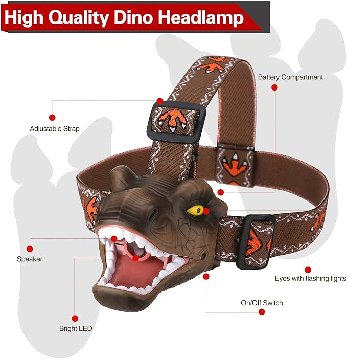 Dinosaur Kids Headlamp, T-Rex Dinosaur Led Headlamp Flashlight, Dinosaur Toy Headlamp Flashlight with 4 Lighting Mode for Boys, Girls’ Camping, Hiking, Reading and Party (Brown)