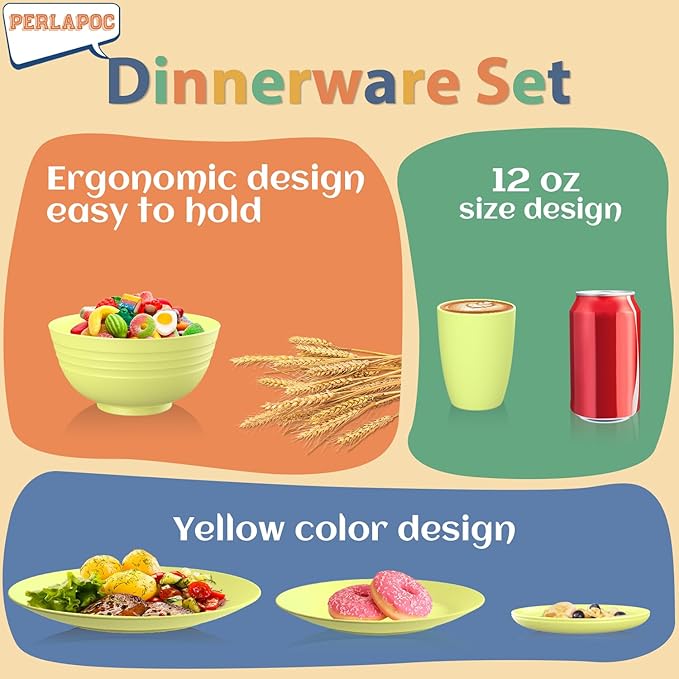 Wheat Straw Dinnerware Set 40-Piece Service for 8 Unbreakable Dishes Set Plates and Bowls Sets Drinking Glasses Microwave Safe Dish Set Lightweight Dinnerware Set for Home & Kitchen - Yellow