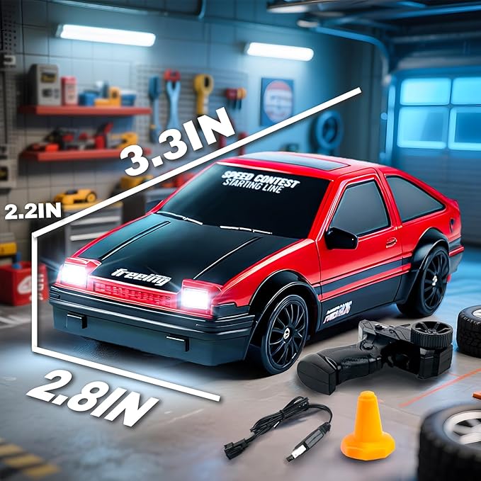 SANCO 1:24 RC Drift Car with LED Lights, 2.4GHz Remote Control Car, Includes 2 Batteries & 2 Sets of Tires for Racing & Drifting, Electric Hobby Racing Toy for Adults, Boys & Kids(Red)