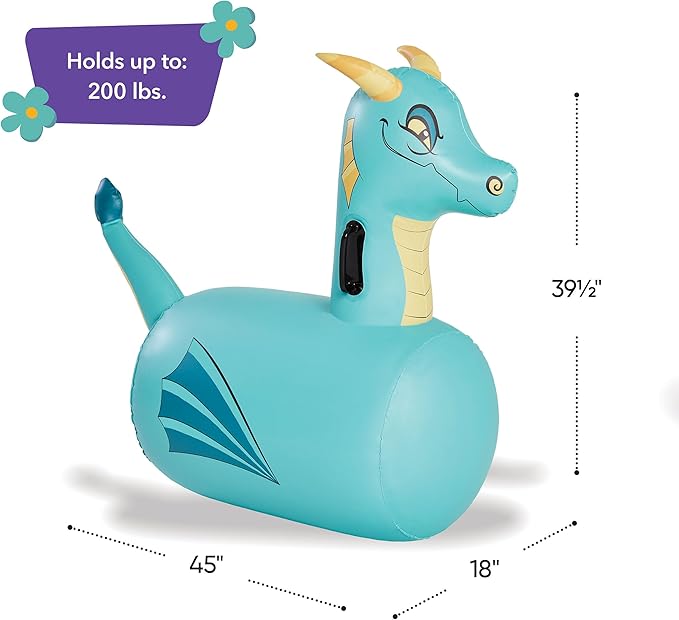 Hearthsong Hop N Go Inflatable Blue Dragon Bouncy Riding, Hopping Toys for Kids Ages 5+ - Ride On Bouncer Animal Hopper Jumping Toys for Outdoor Games