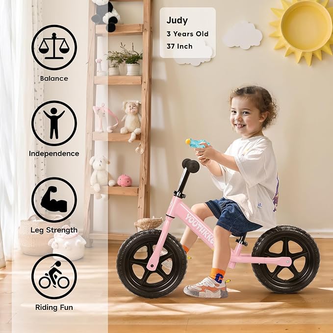 12 Inch Toddler Balance Bike for 1-3 Year Olds, No-Pedal Bike with Tool-Free Adjustable Seat, Quick Assembly, Gift for 1-3 Year Old Boys & Girls with Customizable Plate