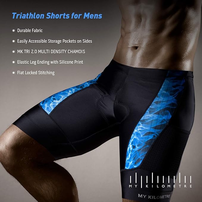 MY KILOMETRE Mens Triathlon Shorts with Adjustable Drawstring Easy Reach Leg Pockets Chamois for Long-Distance Tri Race