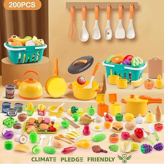 200Pcs Mini Play Kitchen Accessories for Kids, Pretend Cooking Playset with Cookware, Tableware & 2 Fruit Sets, Learning Gift for Girls, Boys, Toddlers, Yellow