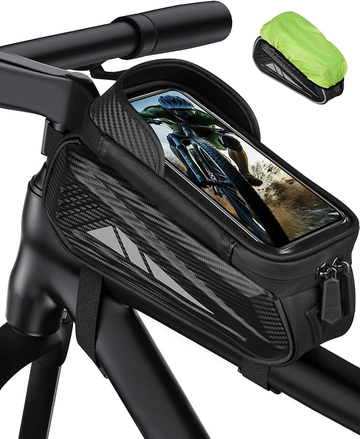 Bike Phone Holder Bag, EVA Waterproof Bicycle Front Frame Bag, Bike Accessories Cycling Pouch with Sensitive TPU Touch-Screen, Bicycle Phone Mount with Rain Cover for Phone under 7" (Black, 7 inch)