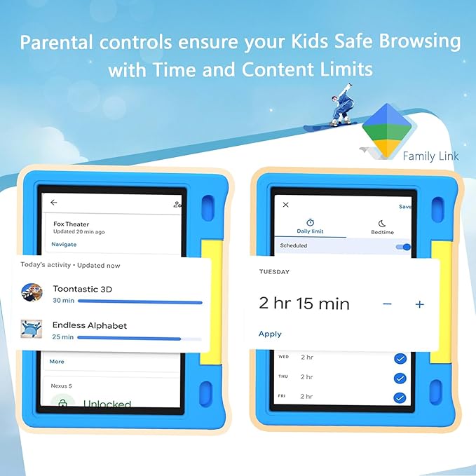 Kids Tablet 10", Android 14, 8GB+64GB (1TB Expandable), Octa-Core, 1280×800 HD Display, Dual Cameras, 12-Hour Battery, Parental Controls, Childs Tablet with Shockproof EVA Case