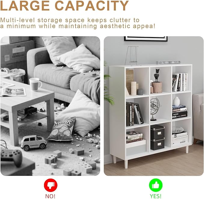 9 Cube Storage Organizer | White Bookshelf|3 Shelf Bookcase |Long Bookshelf| -Cubic Storage Cabinet（Storing Books,Toys & More Easy to Install）