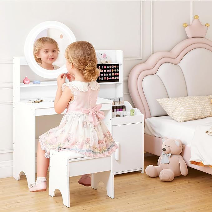 INFANS Kids Vanity with Lights, Princess Makeup Desk with Mirror Storage Shelves, Toddler Table and Chair Set Pretend Play for Girls Aged 4-9 (White)