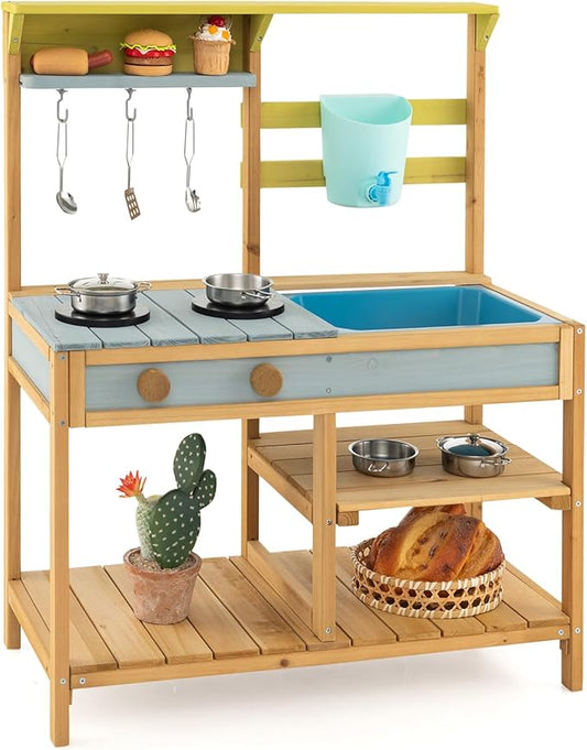 Costzon Wooden Kids Play Kitchen, Outdoor Mud Kitchen with Removable Sink, Water Box & Faucet, Stove Top, Storage Shelves, Fun Backyard Pretend Kitchen Playset for Boys Girls 3+ (Blue)