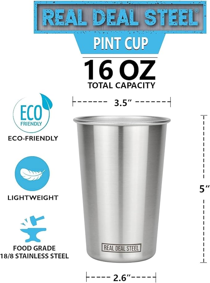 Stainless Steel 16 oz Pint Cups Stackable Single Wall Tumblers, Eco Friendly Premium Metal Drinking Glasses (Stainless Steel)