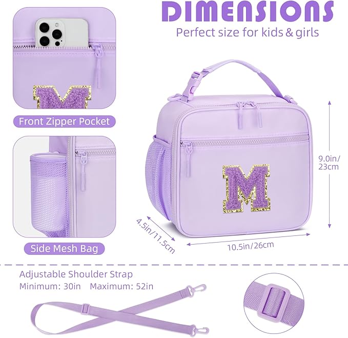 Kids Initial Lunch Bag, Reusable Insulated Lunch Box for Girls Toddlers, Back to School Gift, Leak-proof Cooler Bag for School Daycare Travel Picnic, Purple-M