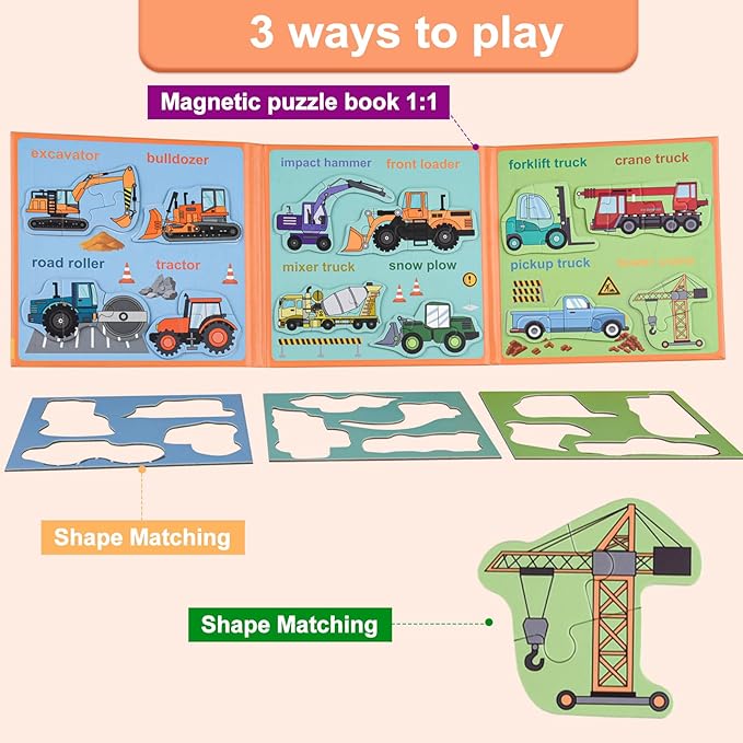 ASTARON 3D Magnetic Puzzle with 60 Puffy Stickers for Toddlers, 41 Pieces Construction Vehicles Toddler Puzzles Preschool Education Learning Travel Toys Car Plane Activities for Kids Quiet Time