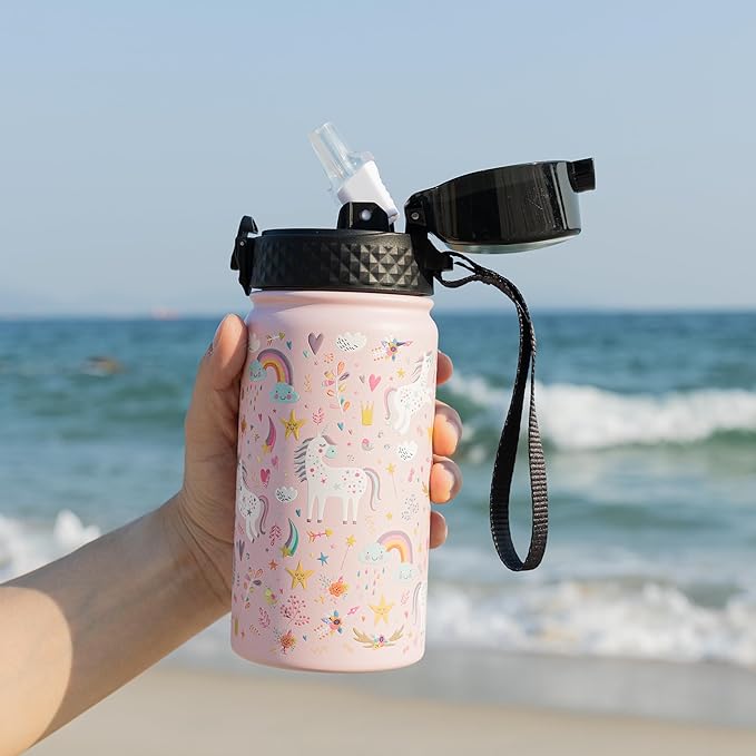 GOPPUS Kids Water Bottle (Straw Lid) - 14 Oz Stainless Steel Travel Bottle, Double Wall Vacuum Leak Proof Kids Cup for School Boys Girls,Unicorn Fields