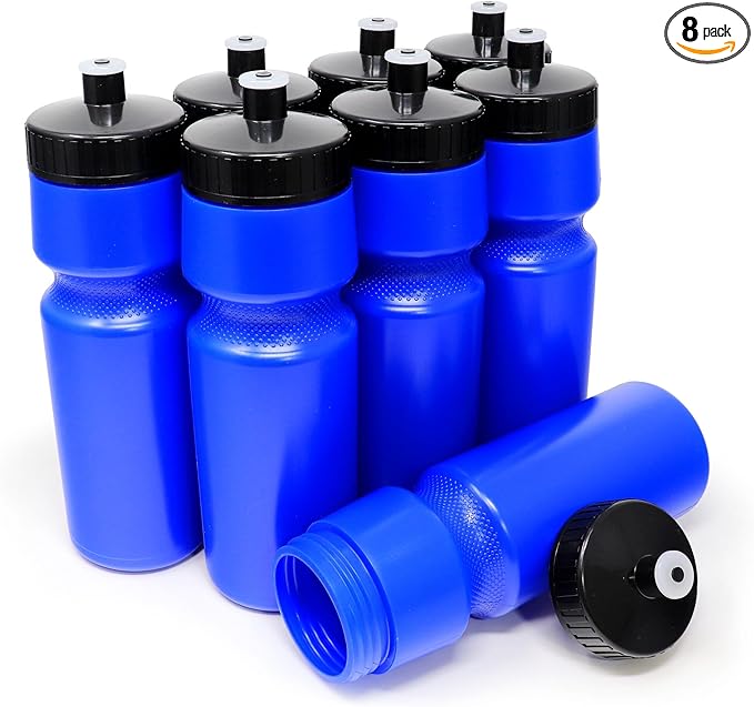 Rolling Sands USA Made Reusable 24 oz Sports Water Bottles, 8 Pack, BPA-Free, Easy Open Pull-Top, Fits Most Bike Cages, Dishwasher Safe, Lightweight - for Kids to Adults, Blue