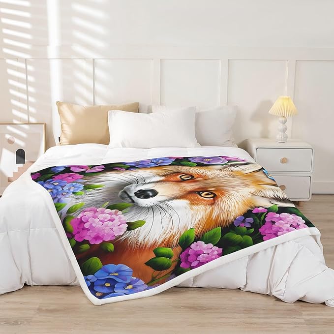 Fox Print Fleece Throw Blanket Cartoon Fox Sherpa Blanket for Kids Boys Girls Colorful Flowers Butterfly Plush Blanket Soft Decor Wild Fox Animal Fuzzy Blanket for Sofa Bed Couch, Twin 60x80 Inch