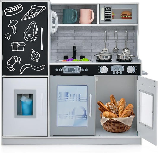Costzon Kids Kitchen Playset, Wooden Pretend Cooking Toy Set w/Realistic Sound, Large Blackboard, Telephone, Microwave, Ice Maker, Dishwasher, Oven, Storage Space, Play Kitchen for Kids Ages 3+ (Grey)