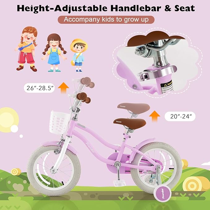 BABY JOY Kids Bike, 12 14 16 18 20 Inch Boys Girls Bike w/Adjustable Seat, Removable Basket, Handbrake & Coaster Brake, Training Wheels or Kickstand, Kids Bicycle with Multi-Color