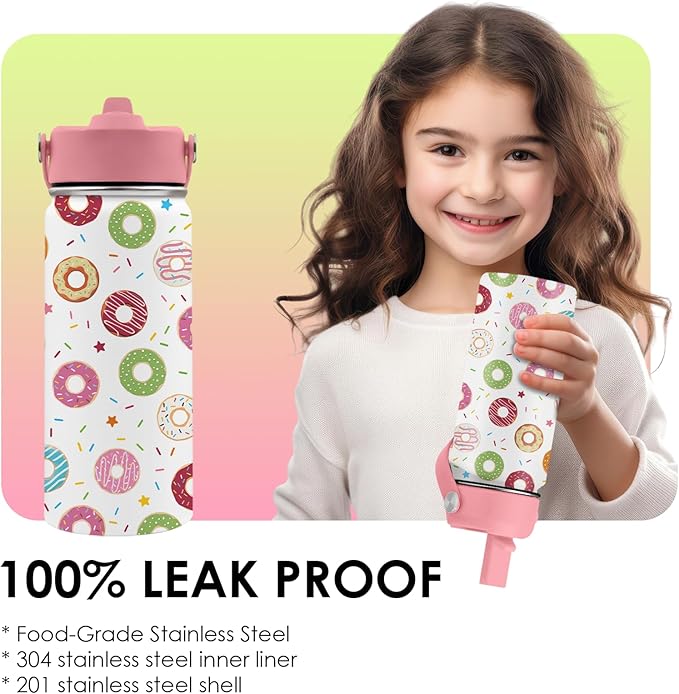 Donut Lover Gifts for Kids - 16oz Insulated Stainless Steel Water Bottle with Straw Lid, Leakproof BPA-Free Tumbler for School, Travel - Cute Donut Design Kids Cup for Boys & Girls (1pc)
