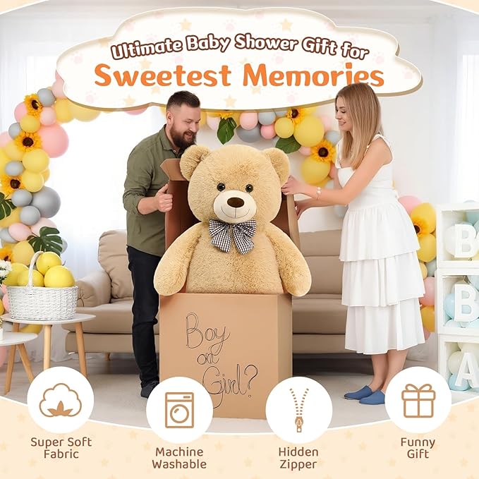 MorisMos Bow Tie Giant Teddy Bear, 55inch Large Big Teddy Bear Plush, Lifesize Stuffed Animals for Girlfriend, Boyfriend, Brown