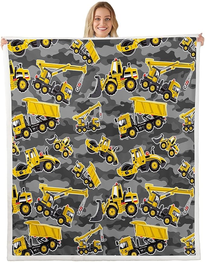 Feelyou Kids Cartoon Excavator Fleece Throw Blanket Vehicles Truck Car Plush Blanket for Boys Child Toddler Bulldozer Crane Sherpa Blanket Construction Site Fuzzy Blanket for Sofa Bed Couch40x50 Inch