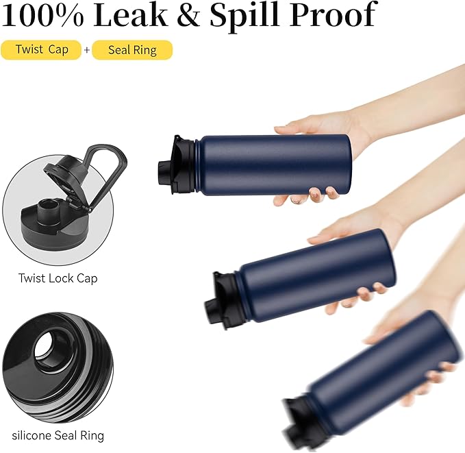 24 oz Insulated Water Bottle Bulk 8 Pack, Stainless Steel Sports Water Bottles with Straw Lid & Wide Mouth Lids, Double Walled Vacuum, Leak Proof, Navy Blue